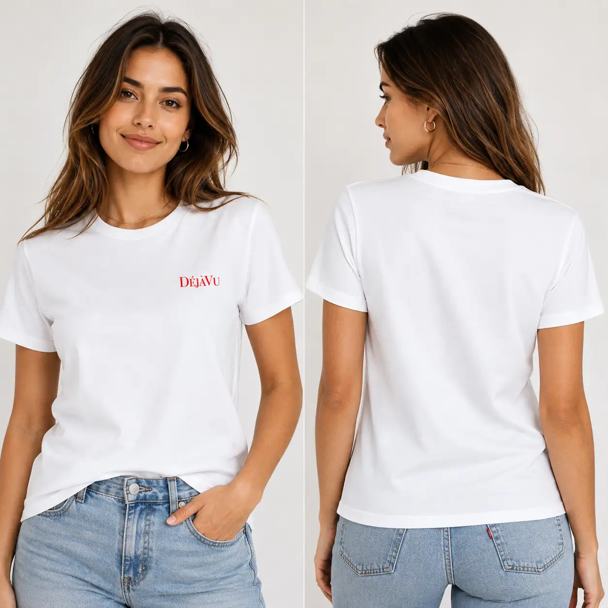 Young woman presenting white t shirt with dejavu logo